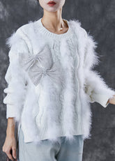 Gemütlicher weißer Patchwork-Nerzhaar-Strick-Kurzpullover für den Winter